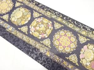 じゅらく製　帝王紫　華紋に鴛鴦・牡丹模様織り出し　袋帯